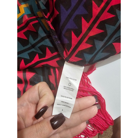 LuLaRoe Monroe Cardigan Kimono Red Fringe, Geometric Print Women's Sz Large - Picture 4 of 5